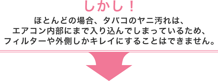 しかし！ほとんどの場合、タバコのヤニ汚れは、エアコン内部にまで入り込んでしまっているため、フィルターや外側しかキレイにすることはできません。